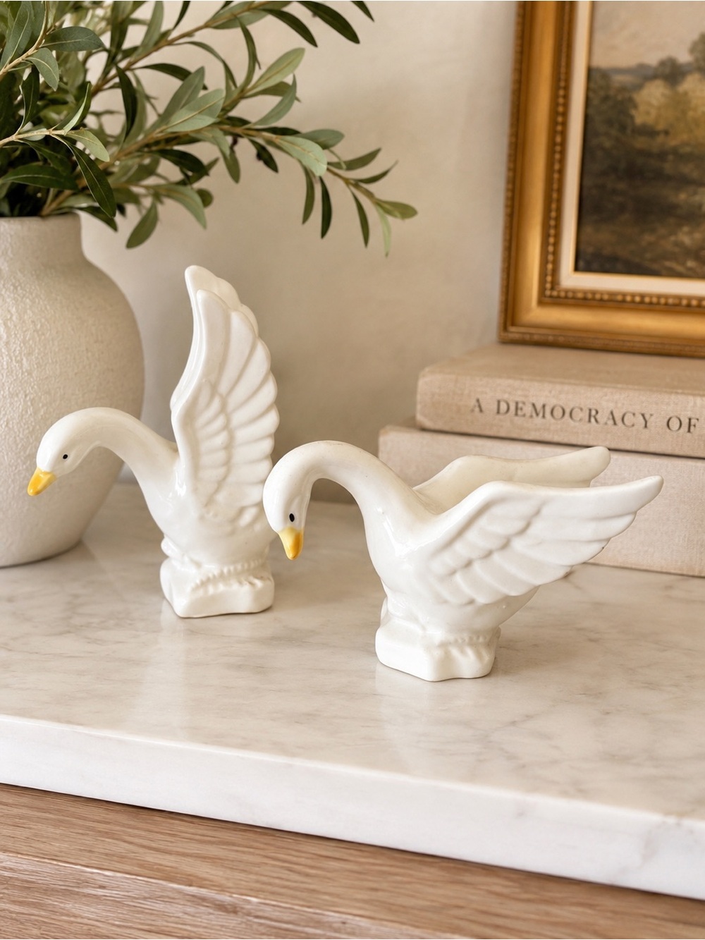 White Ceramic Small Swan Figurine Pair - Decorative Home Accent Mid Century